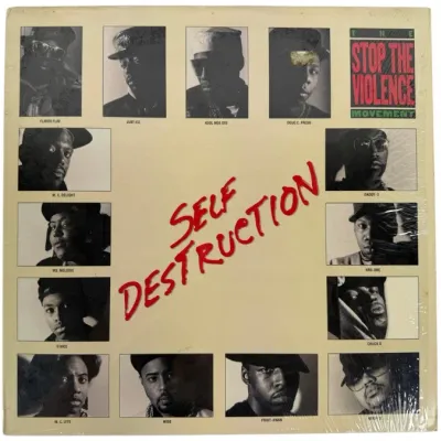 Sale Photo Thumbnail #130: Vintage 1989 vinyl record album cover for "Self Destruction" by The Stop The Violence Movement, featuring portraits of participating hip-hop artists.