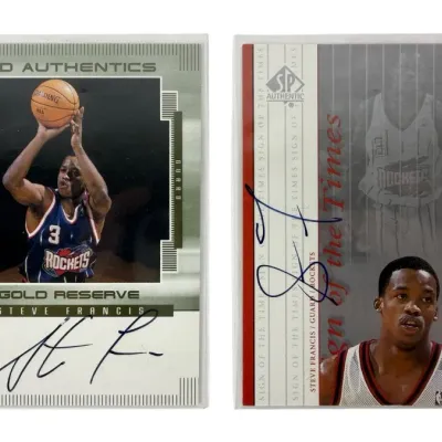 Sale Photo Thumbnail #17: Two autographed Steve Francis Houston Rockets basketball cards, including a UD Authentics Gold Reserve and an SP Authentic Sign of the Times, both housed in protective sleeves.