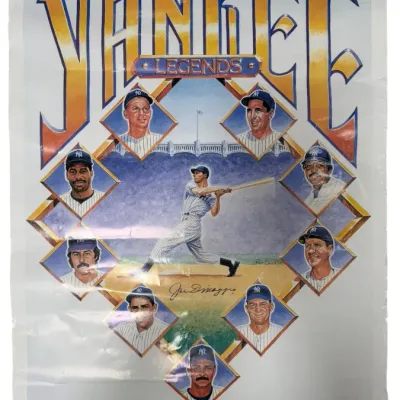 Sale Photo Thumbnail #48: Vintage Yankee Legends baseball poster featuring artwork of iconic players surrounding Joe DiMaggio, sealed in shrink wrap.