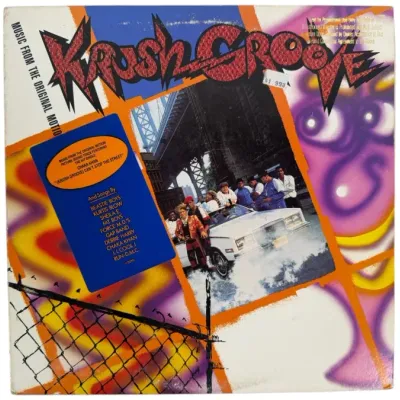 Sale Photo Thumbnail #129: Vinyl LP album soundtrack for the 1985 motion picture "Krush Groove," featuring artists such as Run-D.M.C., LL Cool J, and the Beastie Boys.
