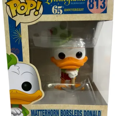 Sale Photo Thumbnail #86: Funko Pop! Disneyland Resort 65th Anniversary Matterhorn Bobsleds Donald vinyl figure, #813, in original packaging.
