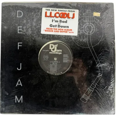 Sale Photo Thumbnail #147: Sealed 12-inch single vinyl record for L.L. Cool J's "I'm Bad" on Def Jam Recordings, released in 1987. Features original promotional hype sticker on outer shrink wrap.