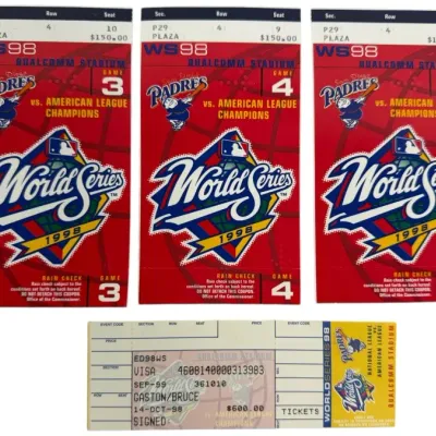 Sale Photo Thumbnail #7: Set of three 1998 World Series ticket stubs for San Diego Padres games at Qualcomm Stadium, including Games 3 and 4, accompanied by a transaction receipt.