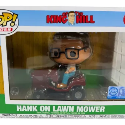 Sale Photo Thumbnail #54: Funko Pop! Rides #131 King of the Hill 'Hank on Lawn Mower' vinyl figure, brand new in its original window box packaging.