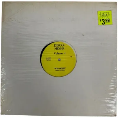Sale Photo Thumbnail #117: Sealed Disco-Mixer Volume 1 vinyl record featuring "Hollywood" in a plain white sleeve, marked with a vintage Nobody Beats The Wiz price sticker.