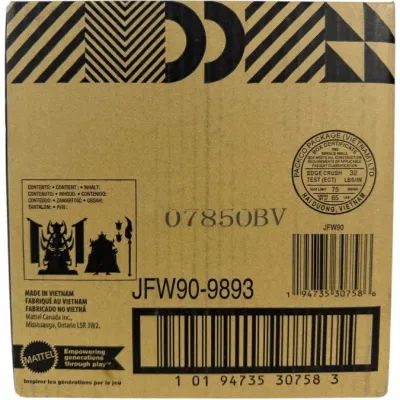 Sale Photo Thumbnail #46: Sealed Mattel cardboard shipping box featuring printed barcodes, item code JFW90-9893, and silhouetted Masters of the Universe style figures.