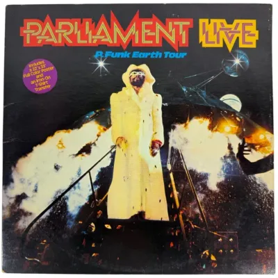 Sale Photo Thumbnail #139: Vintage 1977 Parliament "Live: P.Funk Earth Tour" double vinyl album cover with original hypesticker.