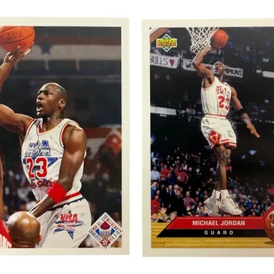 Sale Photo Thumbnail #11: Pair of 1991-92 and 1992-93 Upper Deck Michael Jordan basketball trading cards in excellent condition.
