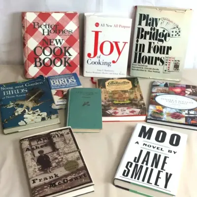 Sale Photo Thumbnail #22: Collection of vintage hardcover books, including classic cookbooks like Better Homes and Gardens New Cook Book and Joy of Cooking, field guides, and popular fiction.