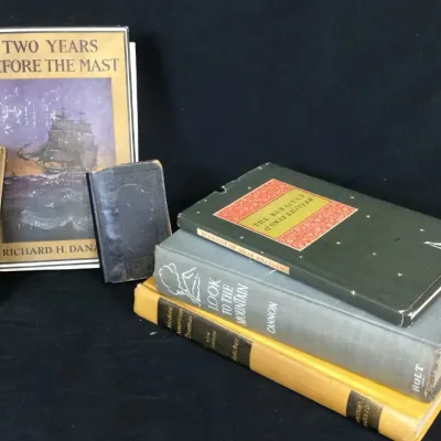 Sale Photo Thumbnail #4: Collection of vintage hardcover books, including 'Two Years Before the Mast' by Richard H. Dana, 'The Rubaiyat of Omar Khayyam', and 'Look to the Mountain'.