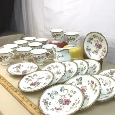 Sale Photo Thumbnail #115: Vintage Spode Chinese Rose fine china tea service set including cups, saucers, side plates, and a creamer jug.