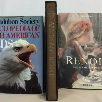 Sale Photo Thumbnail #20: Trio of large hardcover books, including The Audubon Society Encyclopedia of North American Birds, The Horizon Book of Ancient Rome, and Renoir: Painter of Happiness by Taschen.
