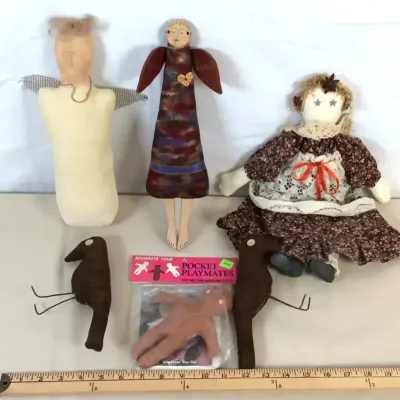 Sale Photo Thumbnail #30: Collection of primitive-style handmade rag dolls, angels, fabric birds, and a packaged Pocket Playmates doll kit.