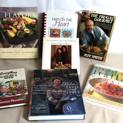 Sale Photo Thumbnail #21: Collection of seven vintage cookbooks, including titles such as 'San Francisco Flavors,' 'The Frugal Gourmet,' and 'In the Kitchen with Rosie.'
