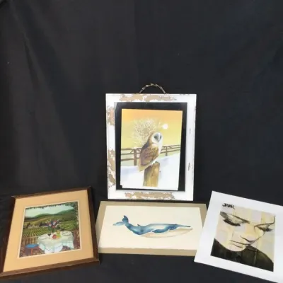 Sale Photo Thumbnail #110: Collection of four varied framed art prints, including a barn owl portrait, a blue whale illustration, a vineyard patio scene, and a stylized woman's face.