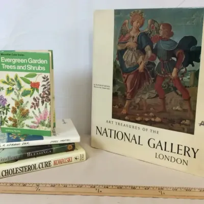 Sale Photo Thumbnail #17: Collection of hardcover books, including 'Art Treasures of the National Gallery London' art book alongside gardening and health titles.