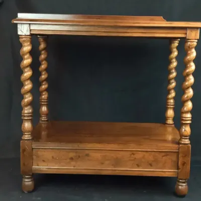 Sale Photo Thumbnail #102: Antique Jacobean Revival oak side table featuring barley twist legs and a lower shelf base.