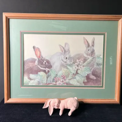 Framed Bunny Print & Shelf Decor