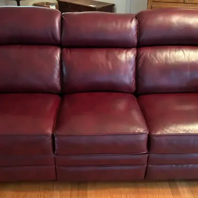 Burgundy, Leather Reclining Sofa With Reclining Headrest