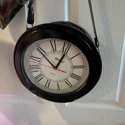 Sale Photo Thumbnail #95: Novelty IMMAJ round black crossbody handbag featuring a working analog clock face with Roman numerals.