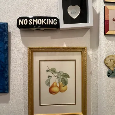 Sale Photo Thumbnail #69: Framed botanical pear print in a gilded frame, displayed on a wall with other decorative art pieces and a ceramic 'No Smoking' sign.