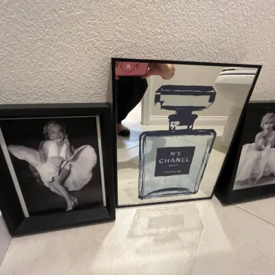 Sale Photo Thumbnail #124: Set of three framed pop art pieces featuring iconic Marilyn Monroe black and white portraits alongside a printed Chanel No. 5 mirror.