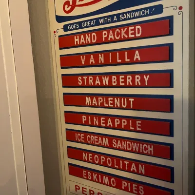 Sale Photo Thumbnail #148: Vintage Pepsi-Cola ice cream menu board sign with removable flavor strips, showing moderate age-appropriate wear.