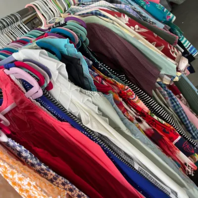 Sale Photo Thumbnail #243: Clothing rack filled with a variety of colorful women's tops, dresses, and patterned shirts on plastic hangers.
