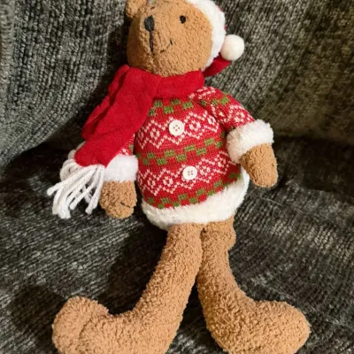 Christmas Teddy Bear Plush Decoration in Red Knit Sweater and Santa Hat, About 8 in.