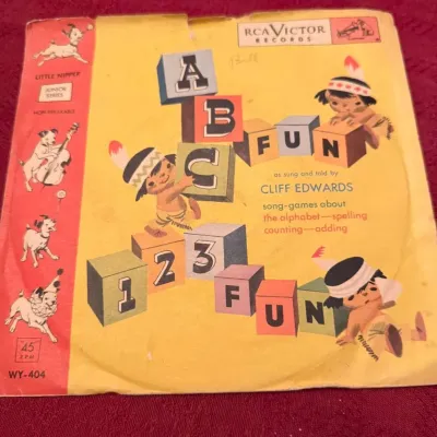 Cliff Edwards with The Three Beaus “A-B-C Fun” / “1-2-3 Fun” 45 RPM RCA Victor WY 404 Yellow Vinyl