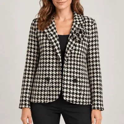 Classiques Entier Black & Cream Houndstooth Knit Jacket, Size L, Button Front with Floral Accent