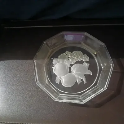 Clear Octagonal Glass Dish with Frosted Fruit Design