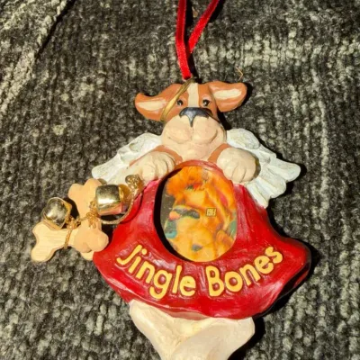 Vintage FIGI Graphics "Jingle Bones" Angel Dog Christmas Ornament, Resin Photo Frame, Gold Bells.