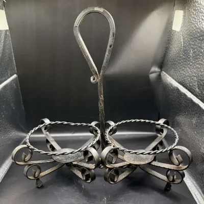 Vintage Wrought Iron Double Bottle Caddy, Made in Spain, Twisted Wire Rings, Scrolled Feet, Loop Car
