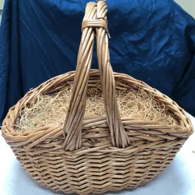 Vintage Handwoven Wicker Gathering Basket with Swing Handle Farmhouse Market Decor