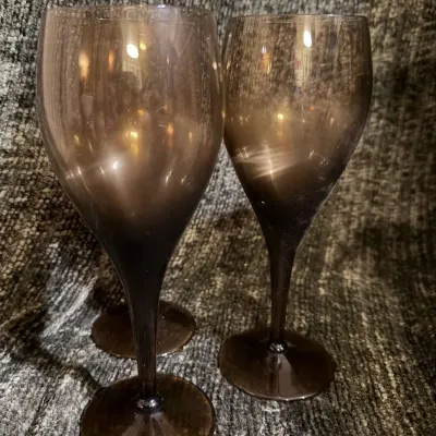 Set of 3 Smoky Brown Stemmed Wine Glasses, Tall Tulip Bowl, Mid-Century Style Glassware