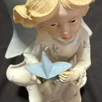 Vintage Star Angel Figurine, Blue Metal Wings, White Gown with Stars, Holding Blue Star, Cloud Base