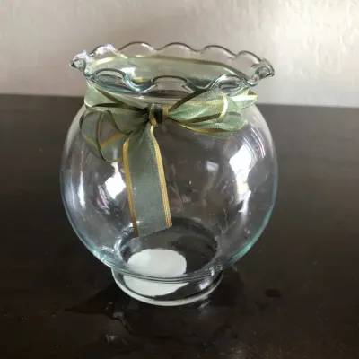 Indiana Glass Ivy Bowl #3683 Clear Glass Vase with Scalloped Rim and Ribbon