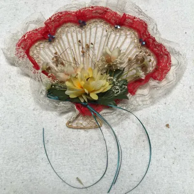 Vintage Handmade Lace Fan Wall Hanging Floral Wicker Decor Red & White Victorian Style