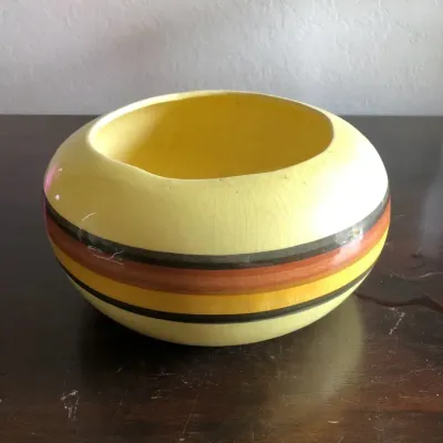 Yellow Glazed Ceramic Decorative Bowl with Striped Banding