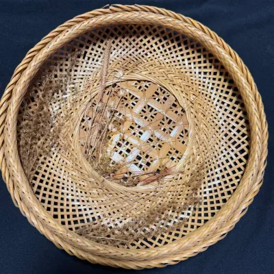Vintage Handwoven Bamboo Rattan Shallow Basket, Open Lattice Weave, Braided Rim, approx. 10" Round