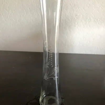 Tall Clear Glass Etched Floral Vase, Approx. 10”