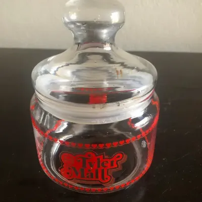 Clear Glass Tyler Mall Lidded Canister with Red Heart Trim