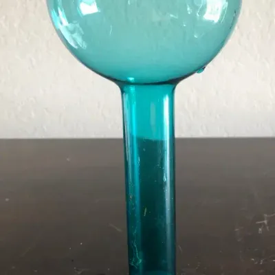 Handmade Teal Glass Pedestal Vessel, Made in China, Approx. 10”