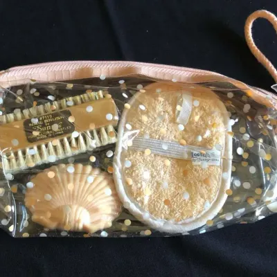 Bath & Nail Care Gift Set in Polka Dot Zip Pouch, Loofah, Brush & Shell Accessory