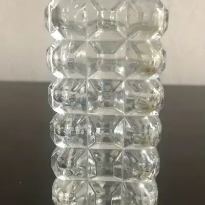 Clear Pressed Glass Square Bud Vase, Geometric Faceted Design, 7”