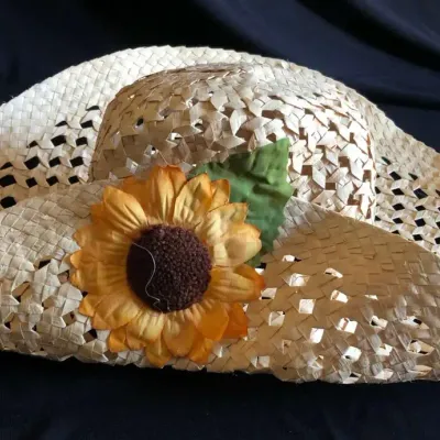 Woven Straw Sun Hat with Sunflower, Openwork Brim, Approx. 14"