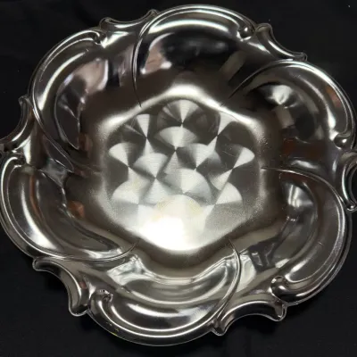 Vintage Polished Stainless Steel Scalloped Bowl, Floral Swirl Design, Made in Hong Kong, 10"