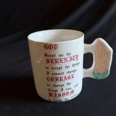 Serenity Prayer Ceramic Mug, Praying Hands Handle, Red and Black Gothic Lettering, Coffee Cup