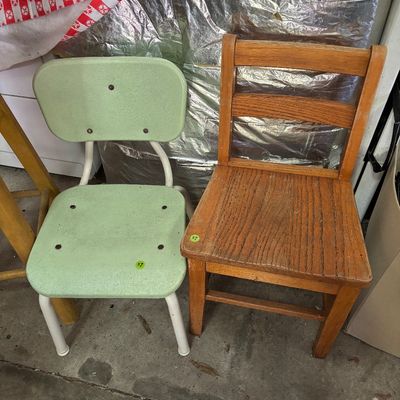 Sale Photo Thumbnail #48: Two vintage child-sized chairs, including a green vinyl and tubular metal chair and a solid oak ladder-back chair.